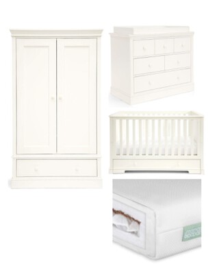 Oxford 4 Piece Cotbed set with Dresser Changer, Wardrobe and Premium Dual Core Mattress